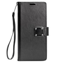 Galaxy S9+ (Plus) Multi Pockets Folio Flip Leather Wallet Case with Strap (Black)